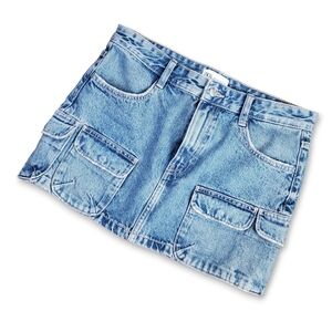 Zara Size L NEW Jean Skirt Denim 100% Cotton Blue Med Wash Mini Cargo Pockets